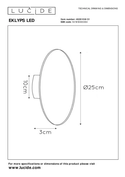 Lucide EKLYPS LED - Applique murale - Ø 25 cm - LED - 1x8W 3000K - Blanc - TECHNISCH